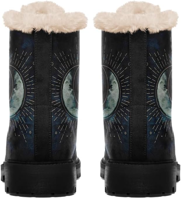 Womens Winter Sun And Moon Ankle Boots Fur Lined Warm Comfortable Snow Boots Lace up No Heel Short Waterproof Winter Boots For Women