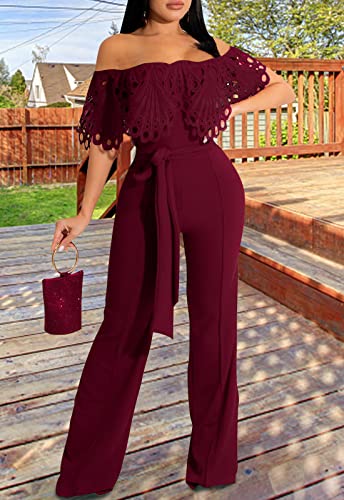 Image of Off Shoulder Jumpsuit for Women High Waist Wide Leg Long Pants Jumpsuits
