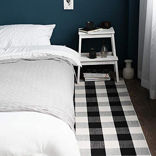 Ukeler Buffalo Plaid Check Rug 2'x6' Cotton Hand-Woven Laundry Runner Rug Black White Checkered Farmhouse Outdoor Rugs Washable Rug for Kitchen/Laundry/Bathroom/Bedroom/Doorway