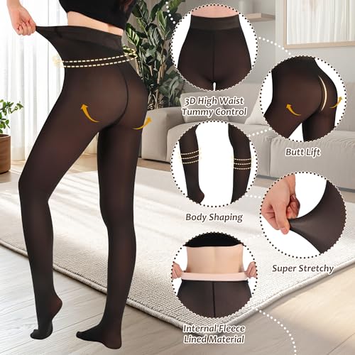 Image of Fleece Lined Tights Sheer Women,Fake Translucent Warm Pantyhose Leggings Sheer Thermal Tights for Women in Winter.