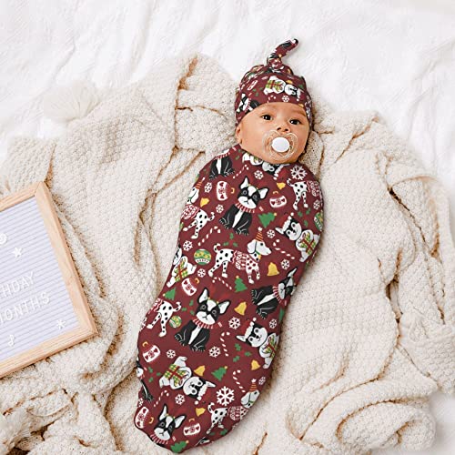 Image of Christmas Dog Newborn Swaddle Blanket with Hat Sets Newborn Receiving Blanket for Boy Girl Swaddle Sack Shower Infant Gift