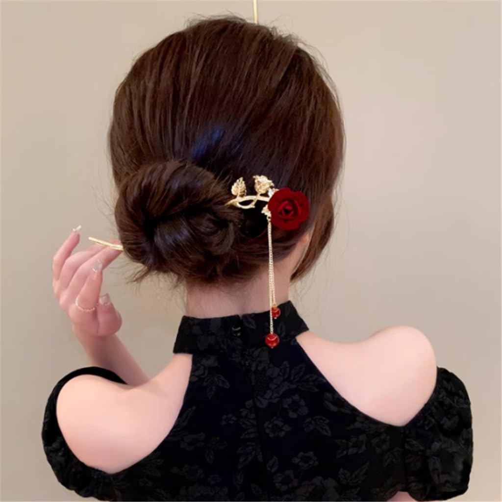 Épingle à cheveux rose de chinois rétro avec pampilles de style ancien vintage