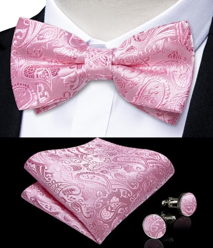 Image of DiBanGu Paisley Pre-Tied Bow Ties for Men Silk Adjustable Bowtie and Pocket Square Cufflinks for Wedding Party