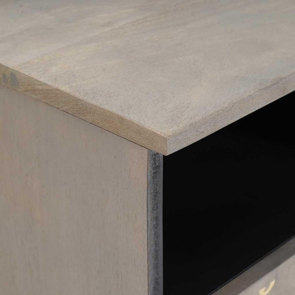 Mueble de TV gris de madera de mango macizo 70x33x46 cm con asas de latón