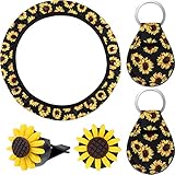 Sunflower Car Accessories Sunflower Steering Wheel Cover with 2 Pieces Cute Sunflowers Keyring and 2 Piece Car Vent Sunflowers (Black Background)