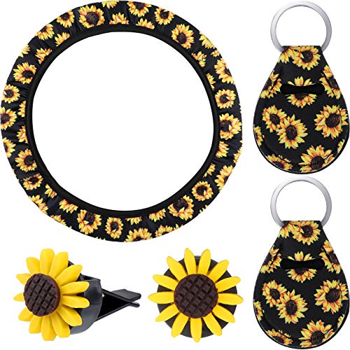 Sunflower Car Accessories Sunflower Steering Wheel Cover with 2 Pieces Cute Sunflowers Keyring and 2 Piece Car Vent Sunflowers (Black Background)