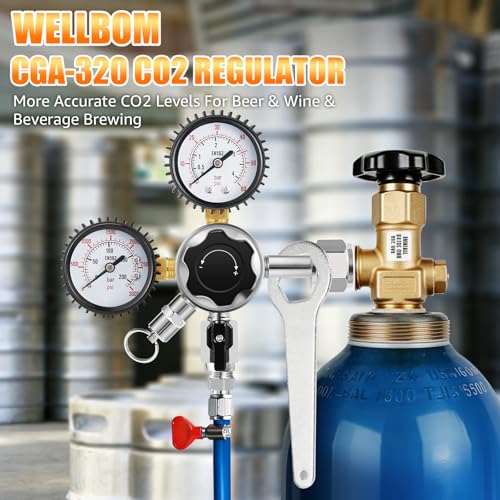 WELLBOM CO2 Regulator Beer Keg Regulator CGA-320 Kegerator Regulator, Dual Gauge Beer Regulator Draft Beer Gas Regulator CO2 Regulator for Kegerator with Precision Control and Safety Valve