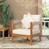 Christopher Knight Home Vinny Acacia Wood Patio Accent Chair, Wooden Lounge Chair Outdoor, Garden/Poolside Comfy Reading Chair with Handwoven Rope Accents and Removable Cushions, Natural+Beige