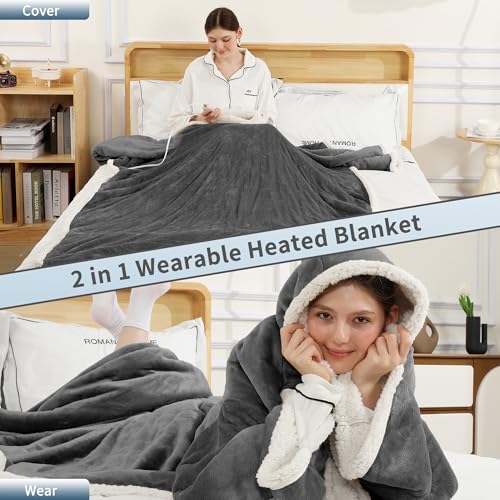 ESTINGO Wearable Electric Throw Heated Blanket with Foot Pocket, Heated Electric Blanket with Sleeves, 6 Heating Levels and 1-4H Timer, Heated Hoodie Women for Mom Grandma 50"×70" Grey by ESTINGO - Image 6