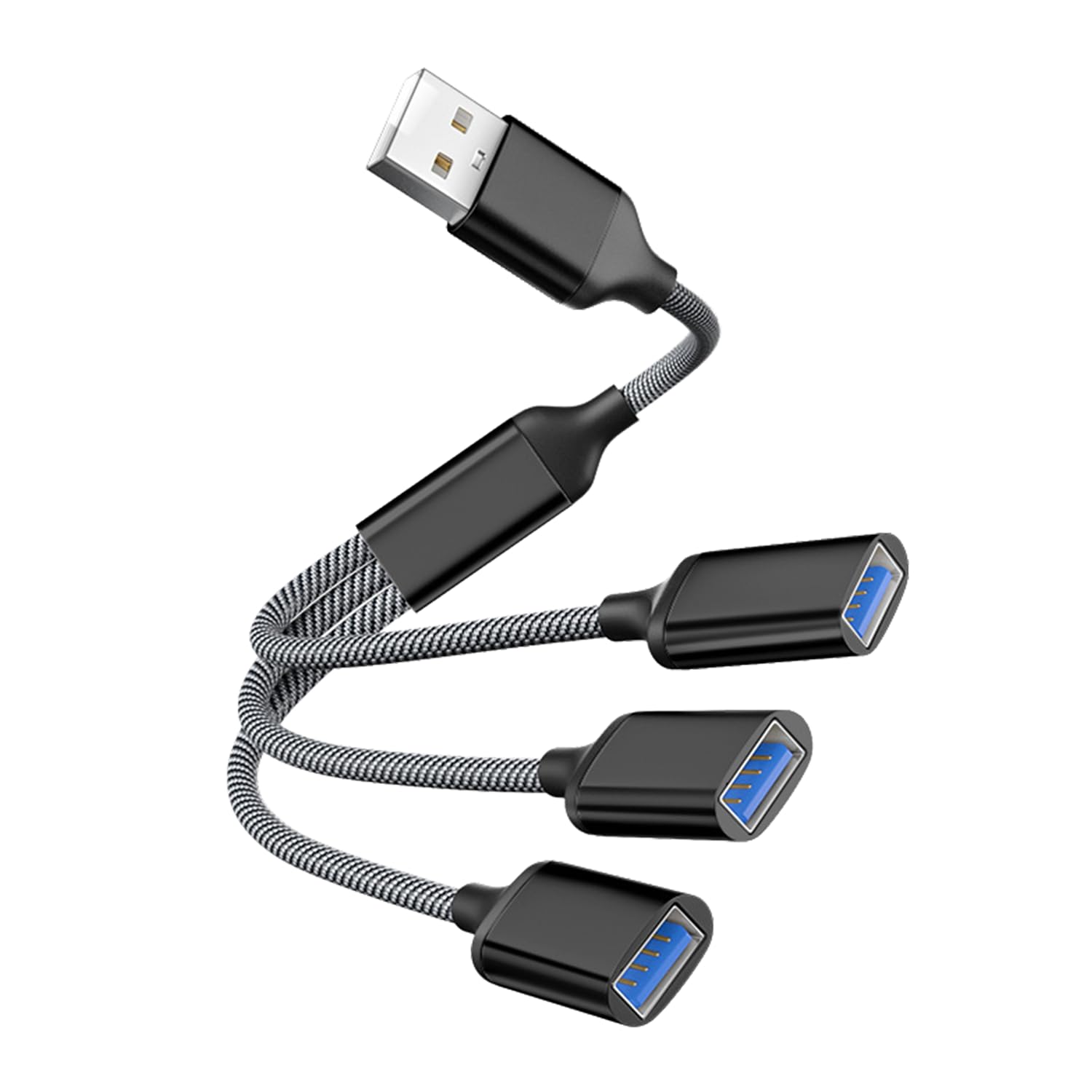 Powice USB-A Splitter 1-auf-3 – USB 2.0 Adapter zur Datenübertragung & Port-Erweiterung, Doppel-Stecker für PC/Laptop, ideal für Maus, Tastatur, USB-Sticks & mehr – Schwarz