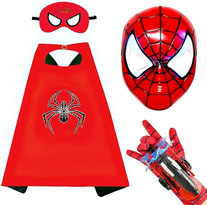 Capa de Superhéroe para Niños, Máscara De Superhéroe, Capa y Máscaras de Superhéroe, Divertidos Capas para Niños, Launcher Glove, Máscara Led, Ideal para Carnaval, Navidad, Fiesta de Cumpleaños