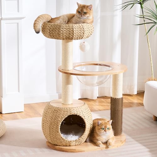 Árbol moderno para gatos pequeños y medianos de interior, 38" alto, madera y ratán miniatura 2