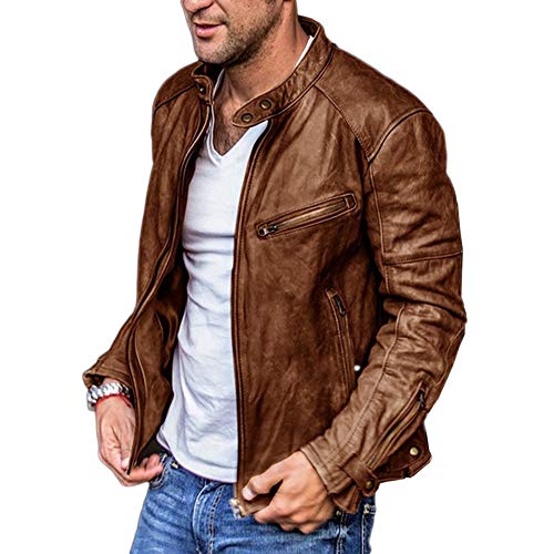 Esobo Men's Faux Leather Jacket Motorcycle Stand-up Collar Bomber Punk Irregular Zipper Jacket (Brown,X-Large)