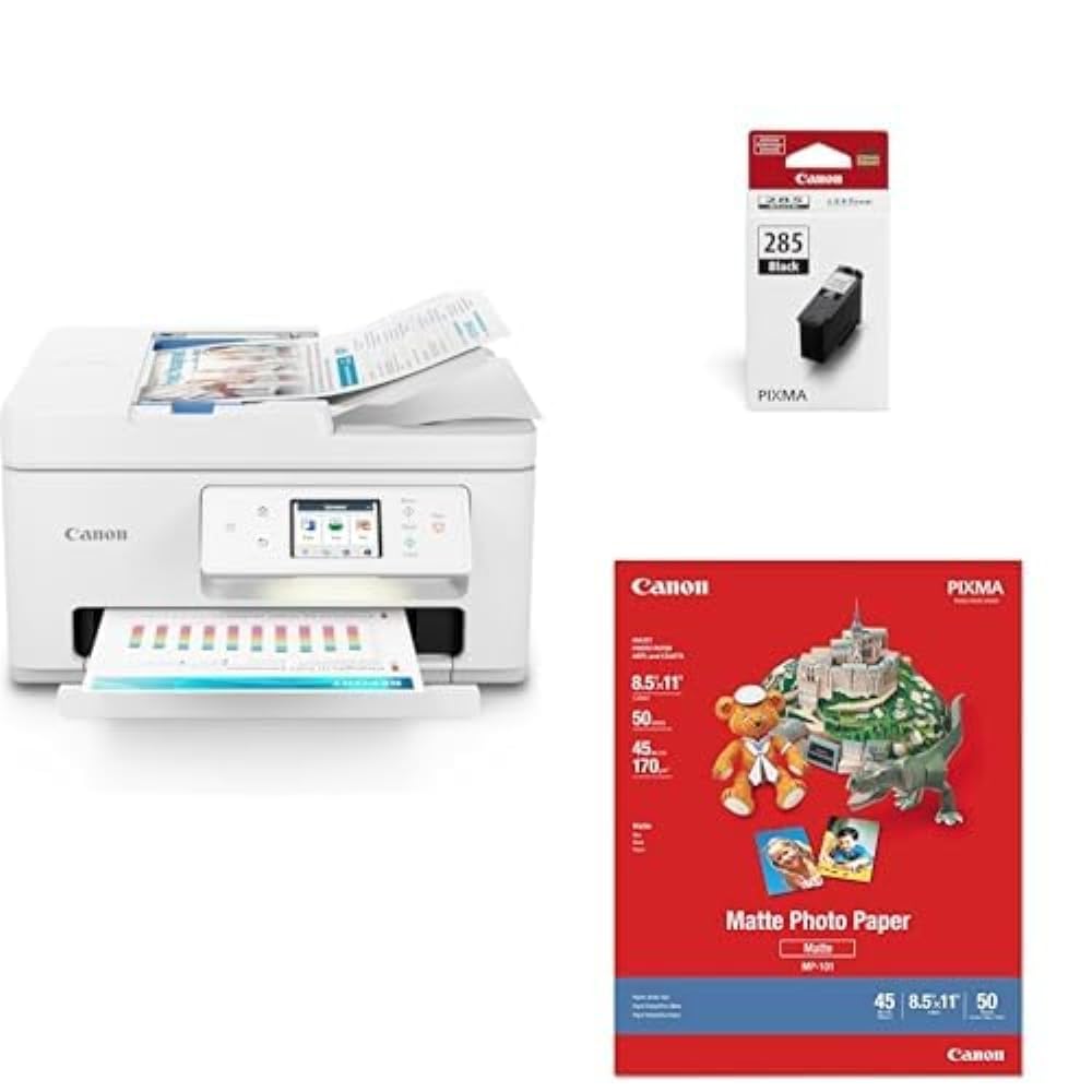 Canon PIXMA TR7820 – Wireless Home All-in-One Printer & Canon PG-285 Genuine Black Ink Cartridge & Canon 7981A004 Photo Paper Plus, Matte