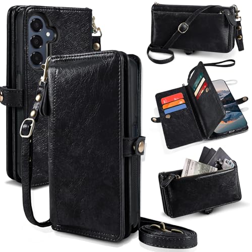 Lacass for Samsung Galaxy A16 5G Case Wallet,[Cards Theft Scan Protection] Card Holder Zipper Leather Flip Cover Crossbody Wrist Strap with Stand (Black)