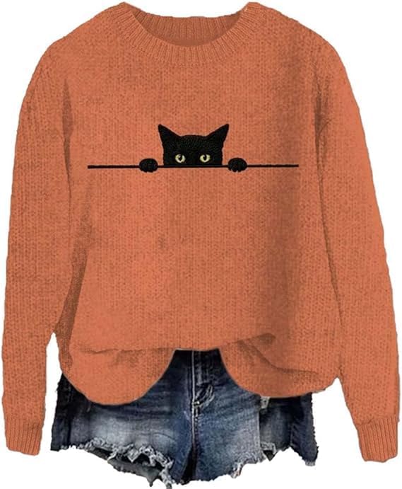 Women's Halloween Fun Black Cat Peeking Print Cardigan Sweater Peeping Cat Shirt