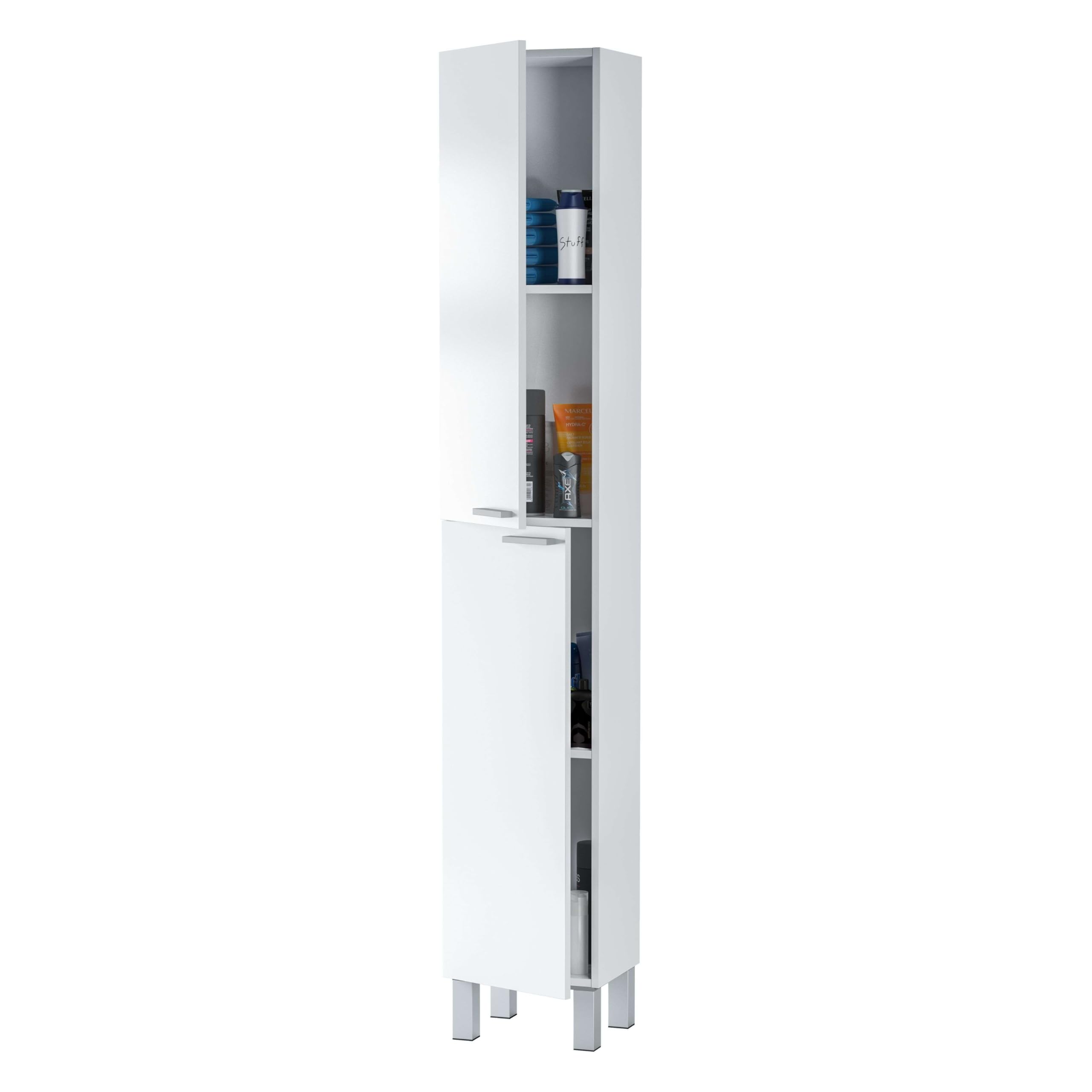ARKITMOBEL– Columna de Baño Alta con 2 Puertas y 4 Patas, Mueble Auxiliar de Baño, Color Blanco Brillo, 30x182x25 cm – Modelo Koncept
