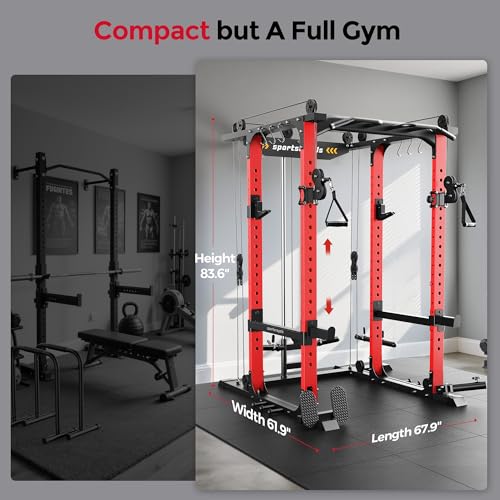 Image of SPORTSROYALS Power Rack, Multi-Functional Power Cage, Squat Rack with Pulley System & LAT Pull Down, Workout Cage with J Hooks for Home Gym