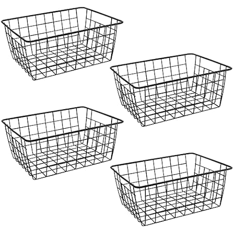 MUKLEI Set of 4 Black Wire Storage Baskets, Metal Wire Storage Baskets, Wire Baskets Organizer Bins Pantry Storage Bin Basket for Bathroom, Fridge, Office, Freezer, Cabinet, Shelf Cover