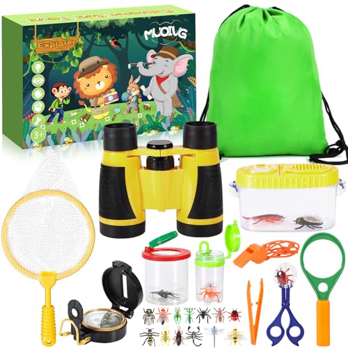 MUOIVG Kit de Exploración para Niños 27 en 1, Juego de Explorador para Niños, prismáticos, Silbato, Brújula, Lupa, 12 Arañas Plasticas, Aire Libre Juguetes, Regalo de Cumpleaños 3-12 años
