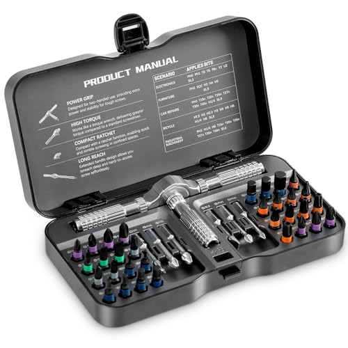 Sopclane 40 In 1 Ratcheting Screwdriver Set,Multi S2 Steel Bits with Detachable Ratchet Handle,Ratchet Screwdriver Set for Furniture Assembly, Electronics Repair, Bicycle,DIY