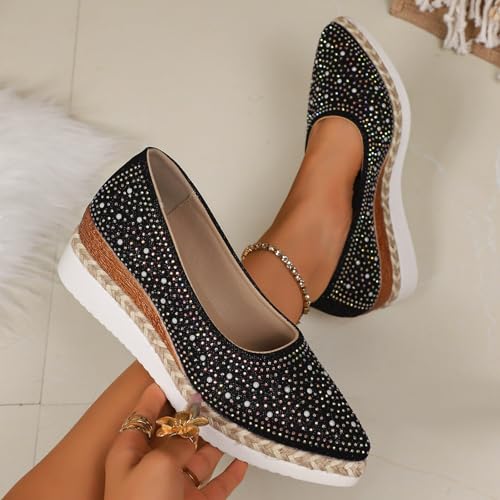 Rhinestones Wedge Shoes for Women 2025 Dressy Espadrilles Wedges Pumps Fashion Closed Pointed Toe Slip On Bling Sparkly Platform Loafers Comfortable Walking Wedding Party Dress Shoes4