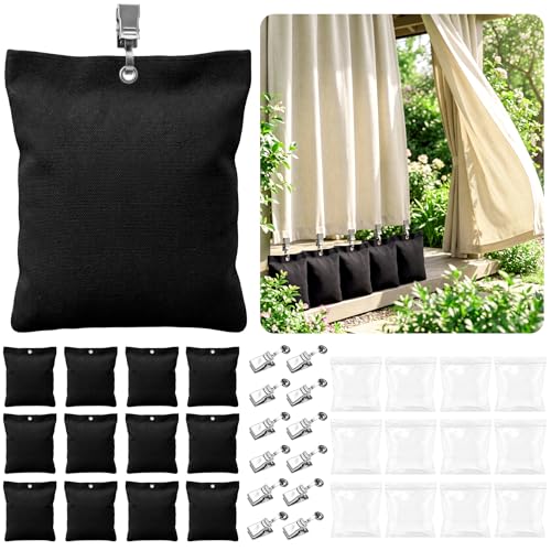Fnova 12 Pack Outdoor Curtain Weights 24oz and 15oz Capacity Curtain Weights Bags Drapery Bottom Weighted Sandbags with Sealed Bags & Clips Garden Curtains Gazebo Tablecloths (Only Bags) Black