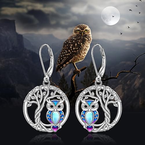 Tree of Life Owl Earrings for Women Sterling Silver Owl Dangle Earrings Moonstone Family Tree Jewelry Leverback Graduation Gifts4