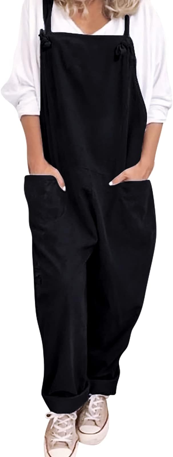 Women's Dungarees Sleeveless Cotton Jumpsuit Rompers Baggy Trousers Plus Size Loose Overall Wide Leg Pant Pockets Casual Spaghetti Suspender Playsuit