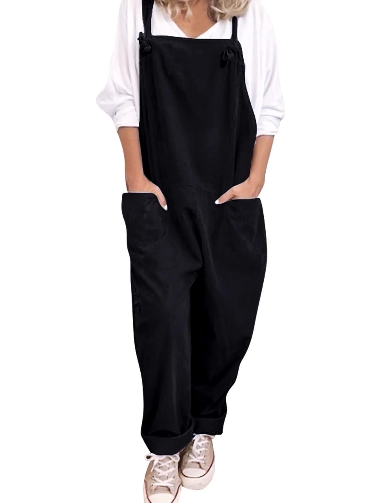 Women's Dungarees Sleeveless Cotton Jumpsuit Rompers Baggy Trousers Plus Size Loose Overall Wide Leg Pant Pockets Casual Spaghetti Suspender Playsuit