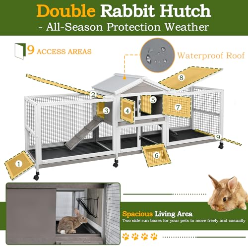PetsCosset Double Rabbit Hutch Outdoor Indoor Large Bunny Cage with Dual Side Runs, 2-Story Wooden Hutch with 4 Leak Proof Trays, 8 Wheels, Waterproof Roof, Ramp, for Small to Medium Animals - Image 5