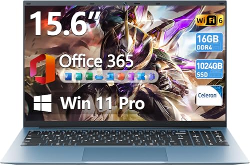 Naclud 15.6 Inch Laptop Computer, Windows 11 Laptops with 16GB RAM 1024GB SSD, Celeron N5100, Office 365, IPS FHD, WiFi 6, 53.2WH Battery, 180° Viewing, HDMI, Cooling Fan, for Business and Students