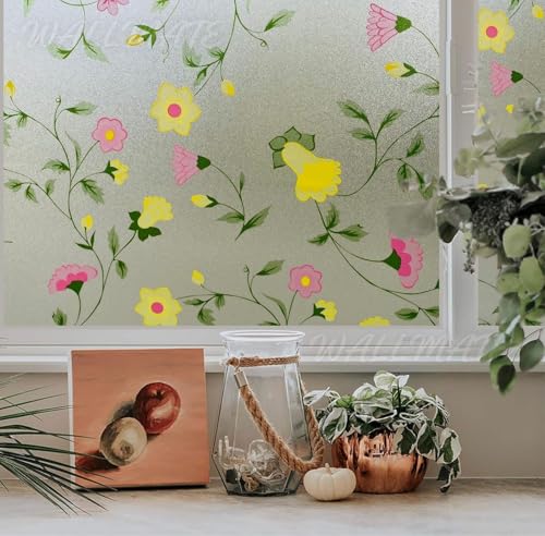 Image of WALLMATE Frosted Glass Window Film, Privacy Film for Glass Windows, Heat Blocking,Decorative Removable Indoor Frosting Clings for Bathroom (Bell Flower, 16X72)
