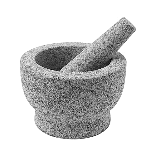 Belypoke Tera - Juego de mortero y mortero de 5.5 pulgadas, molinillo de granito sin pulir, molinillo de especias y hierbas, cuenco para guacamole, salsa, triturador de hierbas