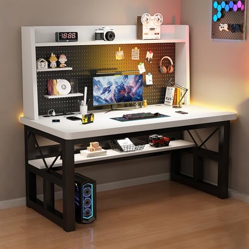 NOBBAT パソコンデスク ツインデスク 作業机 収納付きデスク 学習机 コンパクト 天板の厚さ5cm DIY収納用の有孔ボード付き 耐荷重300kg 複数の色が利用可能 省スペース 在宅勤務 頑丈で組立簡単 おしゃれ 勉強机(ホワイト,160x60x7