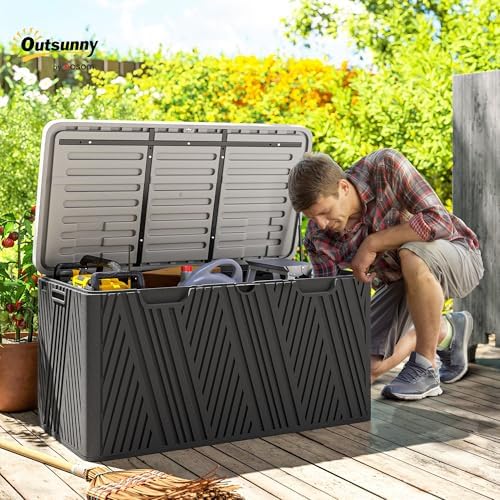 Outsunny 100 Gallon Deck Box Outdoor Storage Box, Waterproof and Lockable, Double-Layer Wood Effect HDPE Patio Storage Box for Patio Furniture, Garden Tools and Pool Accessories - 1