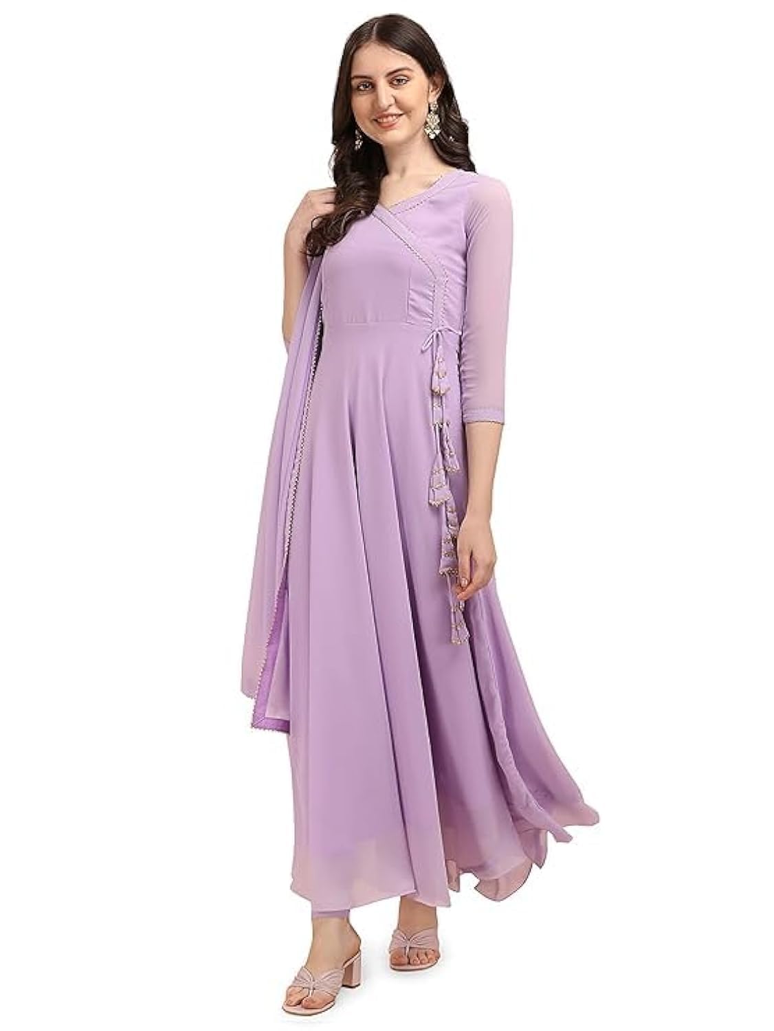 Estationeryhouse Women's Georgette Anarkali Kurta Kurti with Dupatta (Bottoms not included) (XL, Lilac)