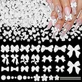 200 Pcs White Bow Nail Charms, 3D Bows Bow Tie Nail Art Charms for Acrylic Nails Flowers Resin Nail Charms Half Nail Pearls, Mixed Bows Bowknots Nail Art Charms for Nail Art DIY Accessories