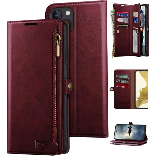 SUANPOT for iPhone 14 Plus 6.7 inch Wallet case ?RFID Blocking??9 Card Slot??Pocket?,Credit Card Holder Flip Folio Book Zipper PU Leather Protective Cover Women Men for 14 Plus Phone case Wine Red