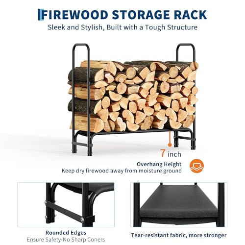 4Ft Firewood Rack Outdoor, Firewood Rack Indoor with Fabric Mesh, Heavy Duty Fire Logs Stand Stacker Holder, Metal Lumber Storage Organizer for Storing Logs of Various Size, Black
