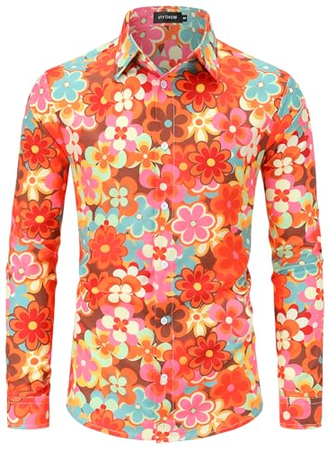 70s Outfits for Men Long Sleeve Casual Button Down 70s Disco Retro Paisley Shirt 70s Floral Vintage Hip Hop Shirts
