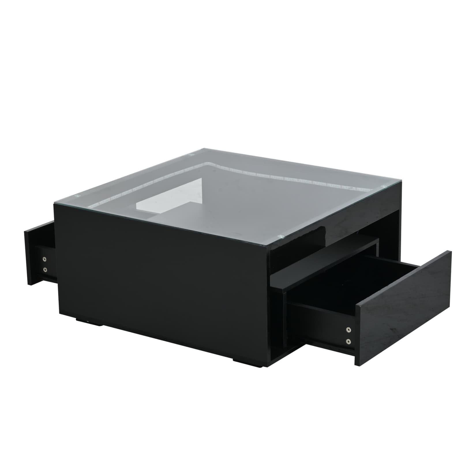 Table Basse Salon Brillante 70x70x35cm,Table D'appoint,Meuble Bas Rangement avec Lampe LED Réglable,Table en Verre trempé,2 Tiroirs,pour Bout de Canape,Bureau,Salon (Noir)