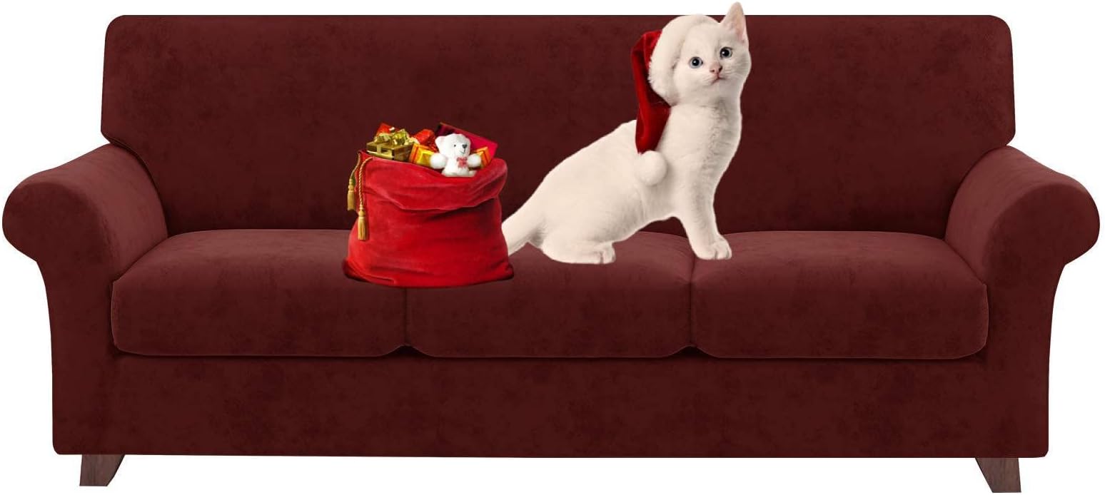 Chelzen Velvet Plush 4 Pieces Couch Covers for 3 Cushion Couch Super Stretch Anti Slip Spandex Sofa Slipcover Living Room Dogs Pets Furniture Protector with Elastic Bottom (Sofa, Wine Red)