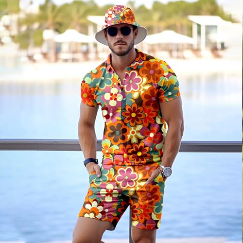 Men's 2 Piece Tracksuit 80s 90s Outfit Button Down 80s Shirts and Shorts Sets with Bucket Hats3