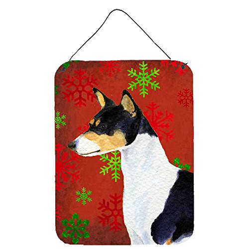 Caroline's Treasures SS4721DS1216 Basenji Red and Green Snowflakes Holiday Christmas Wall or Door Hanging Prints Aluminum Metal Sign Kitchen Wall Bar Bathroom Plaque Home Decor Front Door Plaque, 12x1