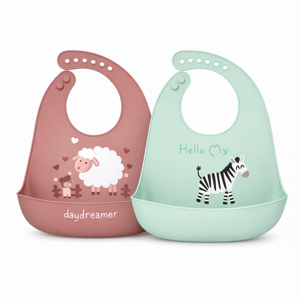 Silicone Baby Bib with Large Food Catcher Pocket for Infants, Waterproof & Adjustable Feeding Bib for Toddlers, Food-Grade Material, Multicolor SET of 2