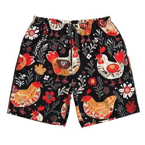Cute Rooster Chickens Men's Swim Trunks Quick Dry Board Shorts with Pockets Casual Drawstring Beach Shorts 5