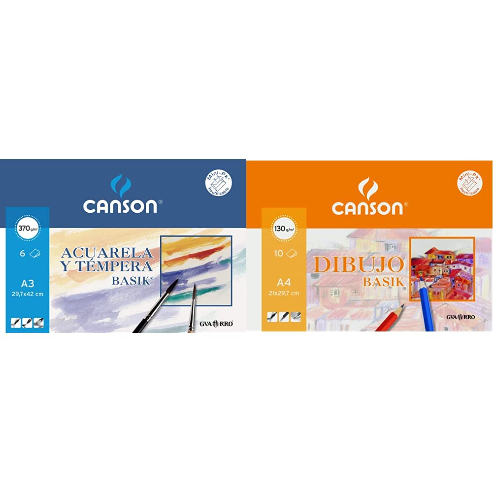 Canson escolar acuarela basik, minipack a3, 6 hojas 370 g + Dibujo Basik Liso, Minipack A4, 10 Hojas 130 g