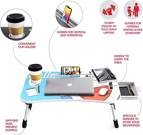 Image of Utilite? Smart Home Multi-Purpose Foldable Laptop Bed Table Lap Desk Stand Storage Drawer Cup Holder Slot, Notebook Holder, Bed Tray Laptop Desk Size: 60 X 40 X 27 cm (Molded Cartoon Blue)