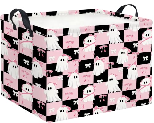 Image of Rectangle Storage Basket with Handles,Collapsible Storage Bin,Gift Basket(Pink Check Halloween)